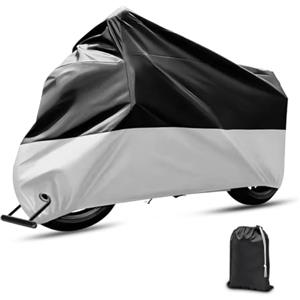 JNNJ Copertura Moto Impermeabile, Universale Impermeabile Moto Telone Copertura, Moto Scooter Anti-Uv Polvere per Esterni, Poliestere Copertura Resistente Polvere per Scooter Motocross(Nero/Argento)