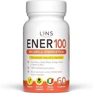 LINS Integratori LINS Ener100 - Integratore Naturale per Energia e Concentrazione | Anti-Stanchezza con Maca, Yerba Mate, Ginkgo Biloba e Vitamina B12 | 60 Compresse - Supporto Mente e Corpo