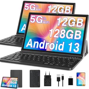 GOODTEL Tablet 10 Pollici | Android 13 | 12GB RAM 128GB ROM(1TB TF) | Octa-Core | WiFi 5G | GPS | FHD | Bluetooth5.0 | 8MP+5MP | Tipo C | OTG | Cast | Tablet PC con Custodia, Tastiera e Mouse - Grigio
