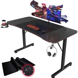 Devoko Scrivania Gaming 140 x 60 cm, Tavolo Gaming Ergonomica, Postazione con Piano del Tavolo in Fibra di Carbonio, Scrivania per Computer con Porta Bicchiere e Ganci per Cuffie, Nero