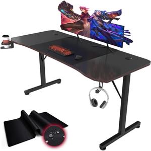 Devoko Scrivania Gaming 160 x 60 cm, Tavolo Gaming Ergonomica, Postazione con Piano del Tavolo in Fibra di Carbonio, Scrivania per Computer con Porta Bicchiere e Ganci per Cuffie, Nero