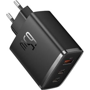 Baseus - Caricatore con USB C, 65 W, USB C, 3 Porte PD con PPS, al Nitruro di Gallio (GaN), per MacBook Pro/Air, Serie iPhone 16/15/14/13/12, iPad Pro, Galaxy S25 Ultra, S24-S20, ecc.