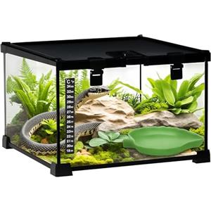 PawHut Terrario per Rettili Rialzato con Serratura e Porta per Alimentazione, Terrario per Tartarughe e Serpenti in Vetro e Rete Metallica, 30x30x20 cm, Nero