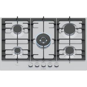 Bosch PCQ7A5I90 Serie 6, Piano cottura a gas, FlameSelect, Manopole magnetiche removibili, WOK, griglie in ghisa, Acciaio, 75 cm