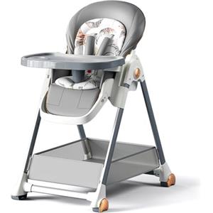 Reenborn Pelle PU Seggiolone Pappa, Pieghevole Convertibile Seggiolone Pappa 0 36 Mesi con 6 Altezze e 3 Posizioni di Reclinazione, Seggiolino Pappa con Doppi Vassoi Staccabili e Ruote (808 Grey)