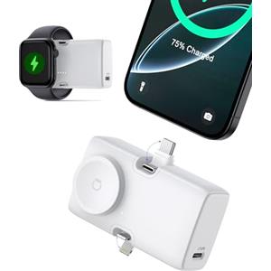 ZIMAOER Mini Powerbank per iPhone e Apple Watch, Caricatore Portatile, Batterie Esterne per Cellulare con Porte Lightning e Type-C per iPhone 16/15/14, Apple Watch Series 7/8/9/10/Ultra (Bianco)