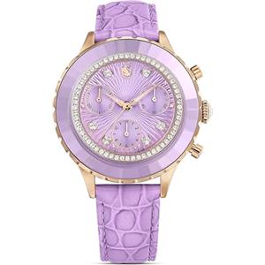 Swarovski Orologio Octea Chrono, Swiss Made, cinturino in pelle, viola, finitura color oro rosa