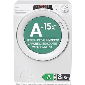 Candy RapidÒ ROW 4856DWMS7-S, Lavasciuga a carica frontale, 8+5 KG, Classe A-15%, 1400 giri, 76 dB, Cicli Rapidi, Partenza Ritardata, Vapore, 16 programmi, Bianco, AxLxP 85x60x54 cm