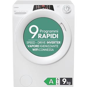 Candy RapidÓ Lavatrice 9 Kg, Libera Installazione, Carica Frontale, Classe A, 1200 Giri, 9 Programmi Rapidi, Funzione Vapore, Wi-Fi + BLE e App hOn, 60 x 53 x 85 cm, Bianca - RO 1294DWMT/1-S