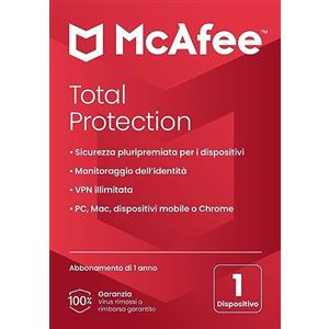 McAfee Total Protection 1 dispositivo 2025 12 mesi VPN sicura, software di sicurezza che include antivirus, gestore delle password, monitoraggio dell'identità Consegna postale