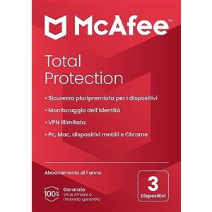 McAfee Total Protection 3 dispositivo 2025 12 mesi VPN sicura, software di sicurezza che include antivirus, gestore delle password, monitoraggio dell'identità Consegna postale