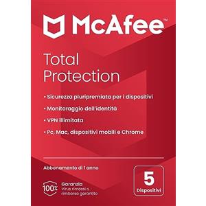 McAfee Total Protection 5 dispositivo 2025 12 mesi VPN sicura, software di sicurezza che include antivirus, gestore delle password, monitoraggio dell'identità Consegna postale