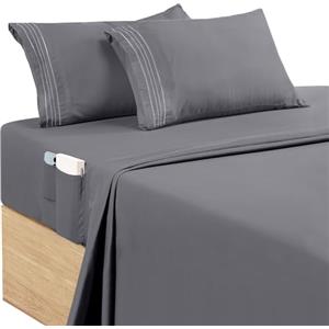 Utopia Bedding Set Lenzuola Matrimoniali 4 Pezzi 180x200 cm - Microfibra di Poliestere - Lenzuolo con Angoli con Tasche Portaoggetti, Lenzuolo Piatto e 2 Federe Ricamate, Grigio