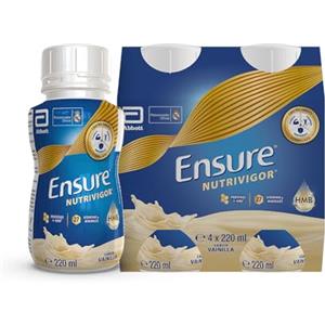 Ensure Advance Formula Nutrivigor Integratore Alimentare Pronto da Bere, Multivitaminico, 27 Vitamine e Minerali, Proteine, Calcio e HMB, Confezione 4x220 ml, Gusto Vaniglia