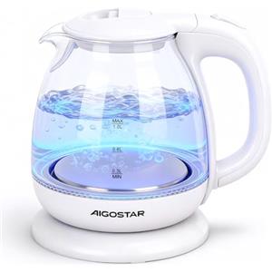 Aigostar Elvin - Bollitore elettrico in vetro borosilicato con illuminazione a LED. 2200W, 1L, Bollitura Rapida, Bianco, Protezione da bollitura a secco. SENZA BPA