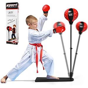 COSTWAY Punching Ball per Bambini e Adulti, Pungiball con Guanti e Pompa Manuale, Sacco da Boxe da Terra Altezza Regolabile 85-130cm