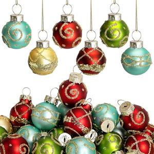 Watayo 24 mini palline di Natale multicolore in vetro, 2,5 cm, mini palline glitterate vintage da appendere per albero, colore: rosso, verde, oro, blu, vetro, piccole palline decorative per albero di