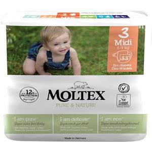 Moltex Pure & Nature - Pannolini Ecologici Taglia 3 Midi (4-9 kg) - 33 Pezzi, Morbidi e Sicuri per la Pelle del Tuo Bambino