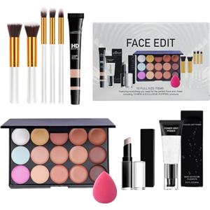 Kaslaider Tutto in Uno Trucchi Set per Viso, 15 Colori Palette di Correttori con Primer Correttore Stick Puff Oval Pennelli, 10Pcs Completo Trucco Kit, Make Up Regalo Set per Donne Cosmetico