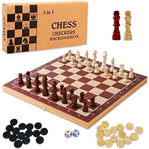 jiuzcare Scacchiera in Legno 34x34cm Professionale Scacchi Artigianale Scacchi da Viaggio Artigianale Pieghevole Portatile Giochi Scacchiere Set Torneo 3 in 1 Set di per Gioco Tavolo Adulti Bambini