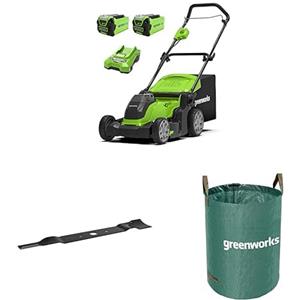 Greenworks 40V Tagliaerba a Batteria, Ampiezza di Taglio 41cm, 2x Batterie 40V 2Ah e 1 Caricabatterie-G40LM41K2X + Greenworks Lama di Ricambio da 41 cm + Greenworks Sacco da giardinaggio da 120l