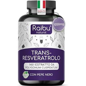RAIBU Resveratrolo Puro, 1050mg di Trans-Resveratrolo 98% da Polygonum Cuspidatum - Antiossidante Naturale, Alto Assorbimento - Senza Magnesio Stearato né OGM - 60 capsule vegane