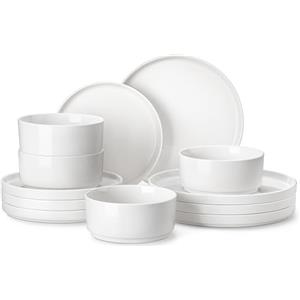 MALACASA Servizio di Piatti in Porcellana per 4 Persone, Set di Piatti 12 Pezzi con Piatti Piani ∅ 26 cm, Piatti da Dessert ∅ 21 cm e Ciotole per Zuppa da 760 ml, Bianco, Serie LEAH