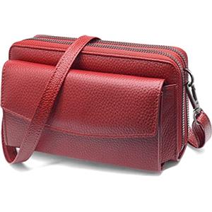 HNOOM Mini Borsa Tracolla per Cellulare RFID Blocco Portafoglio Donna Doppia Cerniera Pelle Vera Borsa portafoglio donna tracolla con 18 Carte Borsa Porta Cellulare (Rosso)