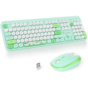 SOLIDEE Combo Tastiera e Mouse Wireless,tastiera macchina da scrivere retro,Tastiera per Computer con Tasti Rotondi 2.4GHz con Tastierino Numerico,Tastiera a 104 Tasti(Americana QWERTY)(Bear Green)