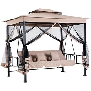 BAKAJI Gazebo Parasole da Giardino con Dondolo Letto e Zanzariere 3 posti, Modello Extra-Lusso Cleopatra, Amaca Altalena Trasformabile in Letto Matrimoniale, Colore Beige