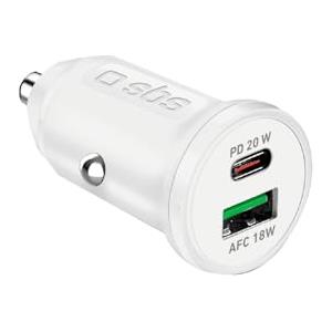 SBS Caricabatterie Auto Mini, Power Delivery 20W, Ricarica Rapida, Adaptive Fast Charge (AFC), Led di Stato, USB-C, USB-A, Presa 12V, per Iphone, Ipad, AirPods, Samsung, Smartphone, Tablet, Bianco