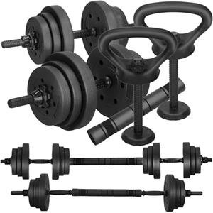 SPRINGOS Set di manubri da 20 kg - manubri regolabili e bilancieri con funzione kettlebell - pesi bitume con chiusure a stella & raccordo imbottito - SPRINGOS