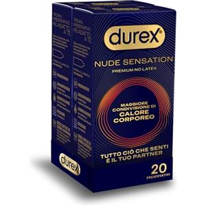 Durex Nude Sensation, Preservativi in Nitrile, Senza Lattice di Gomma Naturale, Ultra Sottili ed Extra Lubrificati, Maggiore Condivisione di Calore Corporeo, vestibilità Regular, 20 Profilattici