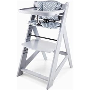 Moby-System Seggiolone Pappa Evolutivo in Legno Massello - Sedia Evolutiva Regolabile con Vassoio Removibile, Cuscini e Cintura 3 Punti - Per Bambini 6 Mesi-12 Anni, Grigio