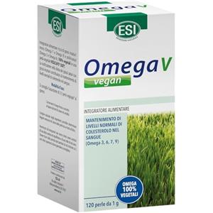 ESI, Omega V Vegan, Integratore Alimentare di Acidi Grassi Omega 3, 6, 7, 9 con Olio di Semi di Lino, Contribuisce ai Normali Livelli dei Colesterolo, Senza Glutine e Vegano, 120 Perle