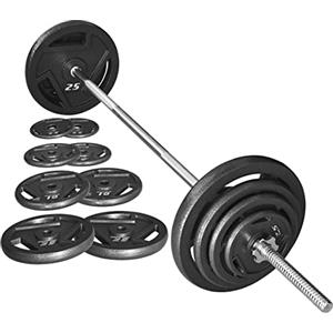 Signature Fitness Piastre di peso standard in ghisa con bilanciere standard da 1,5 m con chiusure a stella, set da 43,1 kg (piatti da 38,6 kg + bilanciere da 4,5 kg), confezioni multiple, stile #3