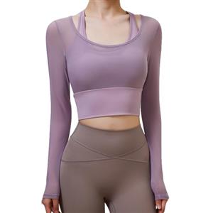 Harssidanzar 2 in 1 Yoga Manica Lunga per Donne Mesh Gym Athletic Tops Workout Camicie con Supporto Medio Reggiseno Sportivo CL301EU, Violette, Taglia L