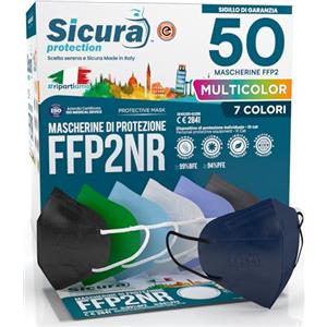 SICURA MASCHERINE CHIRURGICHE 50 Mascherine FFP2 certificate CE colorate Made in Italy BFE ≥99% Mix 7 Colori Nero, Bianco, Blu, Grigio Scuro, Verde Scuro, Lavanda, Azzurro Mascherina SANIFICATA