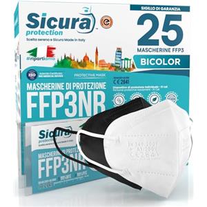 SICURA MASCHERINE CHIRURGICHE 25 Mascherine FFP3 Certificate CE Nere e Bianche Made in Italy BFE ≥99% | PFE ≥99% logo SICURA impresso Mascherina italiana ffp3 SANIFICATA e sigillata singolarmente 12 Bianche + 13 Nere