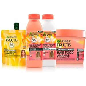 Garnier Fructis Routine Extra Luminosità, Con Shampoo, Balsamo, Maschera e Hair Booster, Per Capelli Lunghi e Spenti, Con Vitamina C, Luminosità per 72H, Penetra in Profondità, Hair Food Ananas