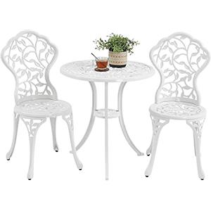 Yaheetech Set di Tavolo e Sedie da Giardino 2 Sedie 3 Pezzi Bistrò Veranda Set Mobili Balcone Motivo a Foglia in Alluminio Bianco