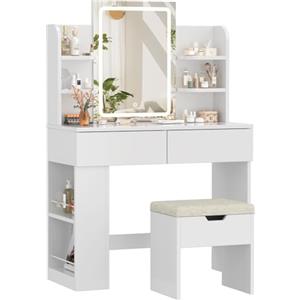 Devoko Toeletta Trucco con Sgabello,Postazione Trucco con LED,Tavolo da Trucco con Specchio, Ripiani Regolabili, 2 Cassetti, in Legno,Moderno,Bianco+Bianco