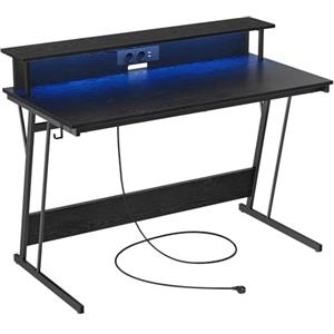 VASAGLE Scrivania da Gaming con Luci LED e Prese di Corrente, Scrivania da Computer, Supporto per Monitor, Tavolo per 2 Monitor, Ufficio, Camera da Letto, 60 x 120 x 76 cm, Nero Ebano LWD192B56