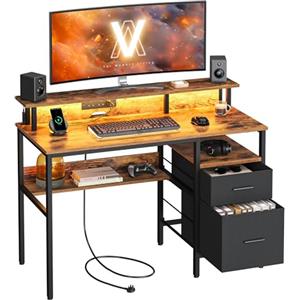 VASAGLE Scrivania per Computer con Luci a LED e Prese di Corrente Integrate, Scrivania da Ufficio con Supporto per Monitor, 2 Cassetti di Tessuto, 2 Porte USB, Marrone Vintage LWD093K01