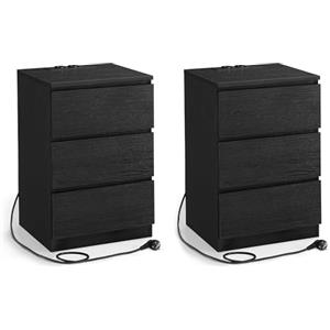 VASAGLE Comodino con Stazione di Ricarica, Set di 2, Tavolini con 3 Cassetti, 2 Prese CA, 2 Porte USB, per Soggiorno, Camera da Letto, Studio, Nero Ebano LET831B56