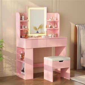 Devoko Toeletta Trucco con Sgabello,Luci LED 3 con Luminosità Regolabile,Tavolo da Trucco con Specchio, Ripiani Regolabili, 2 Cassetti, in Legno,Moderno,Rosa