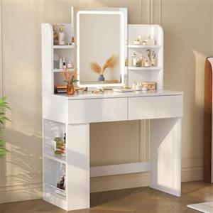 Devoko Toeletta Trucco con Luci LED 3 con Luminosità Regolabile,Tavolo da Trucco con Specchio, Ripiani Regolabili, 2 Cassetti, in Legno,Moderno,Bianco