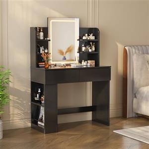 Devoko Toeletta Trucco con Luci LED 3 con Luminosità Regolabile,Tavolo da Trucco con Specchio, Postazione Trucco,Ripiani Regolabili, 2 Cassetti, in Legno,Moderno,Nero