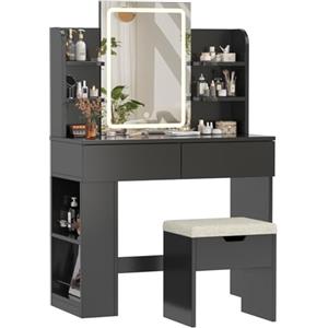 Devoko Toeletta Trucco con Sgabello,Luci LED 3 con Luminosità Regolabile,Tavolo da Trucco con Specchio, Ripiani Regolabili, 2 Cassetti, in Legno,Moderno,Nero+Nero