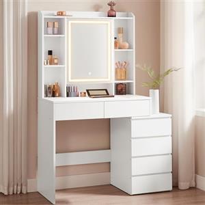 VASAGLE Toeletta con Luci LED a Luminosità Regolabile, Tavolo da Trucco con Specchio, Scomparti Aperti, Ripiani Regolabili, Postazione Trucco, Moderno, Bianco Nuvola RDT124W01